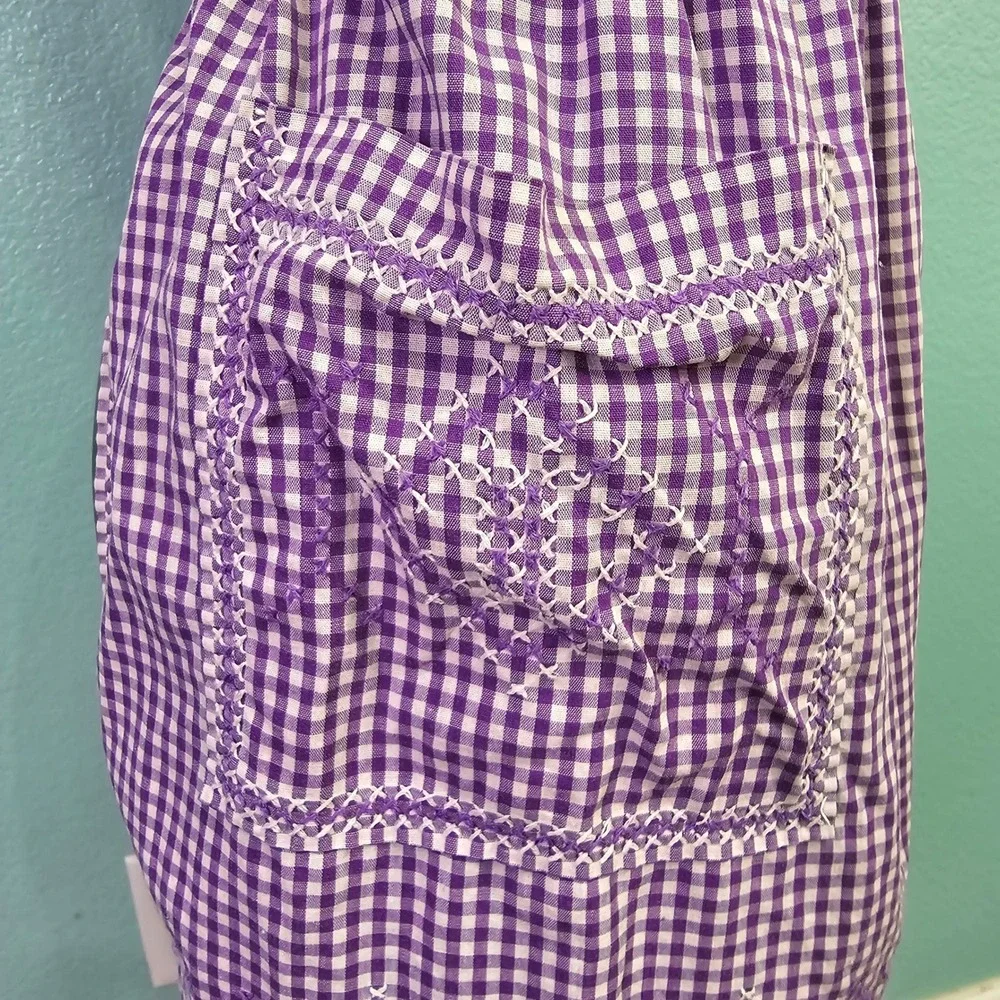 Vintage Handmade Purple Gingham Half Apron White Cross Stitch Embroidery Pockets